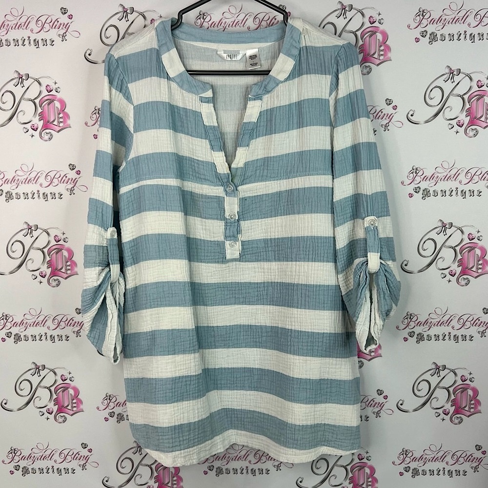 Kaktus shirt buttons stripes Blue and White Striped Tunic Top